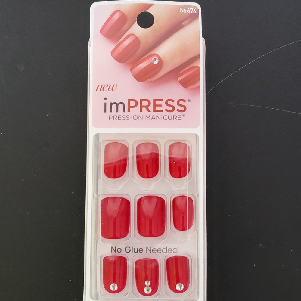 Impress TWEETHEART Press-On 30 Nails Solid RED & Crystal Accents 56674